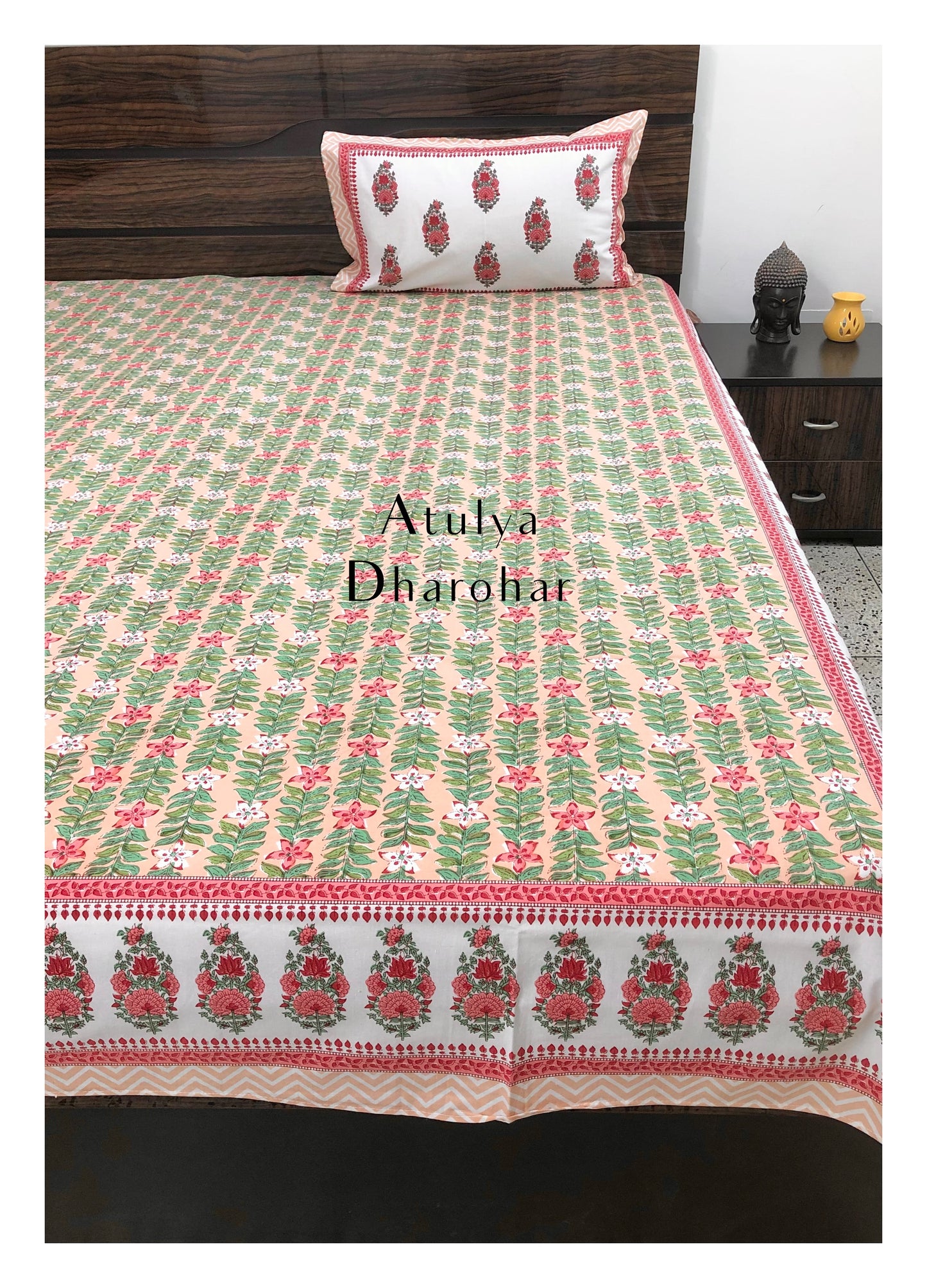 Pink and Green Floral Jaal Bedsheet