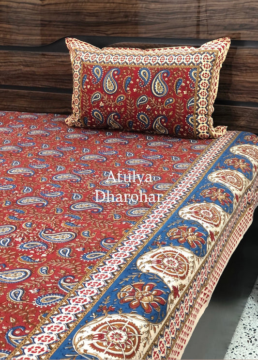 Maroon & Blue Kalamkari Cotton King Size Bedsheet