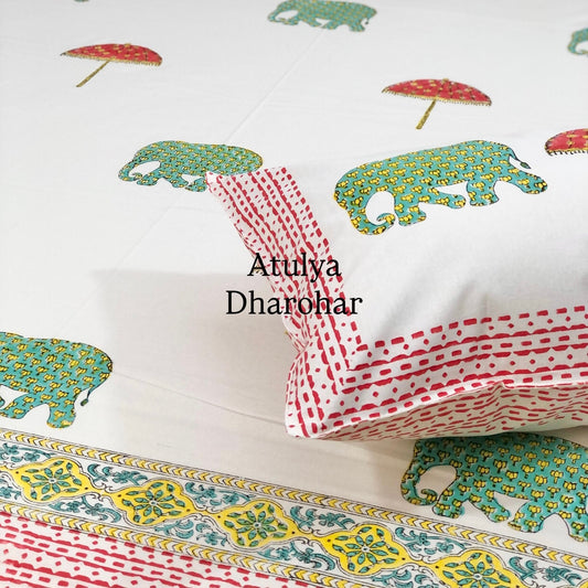 Elephant and Umbrella Motifs Hand Block Super King Bedsheet