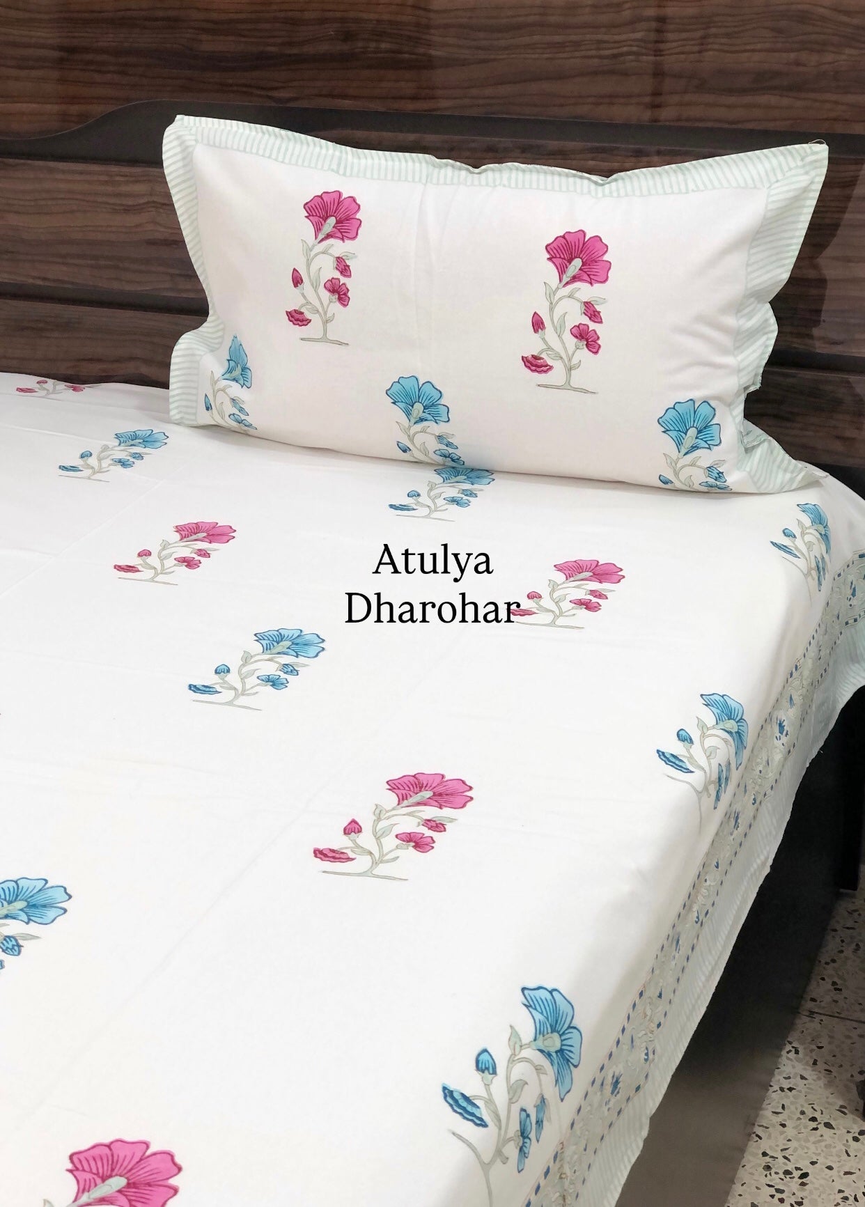 Blue and Pink Floral Motifs Cotton Hand Block Super King Bedsheet