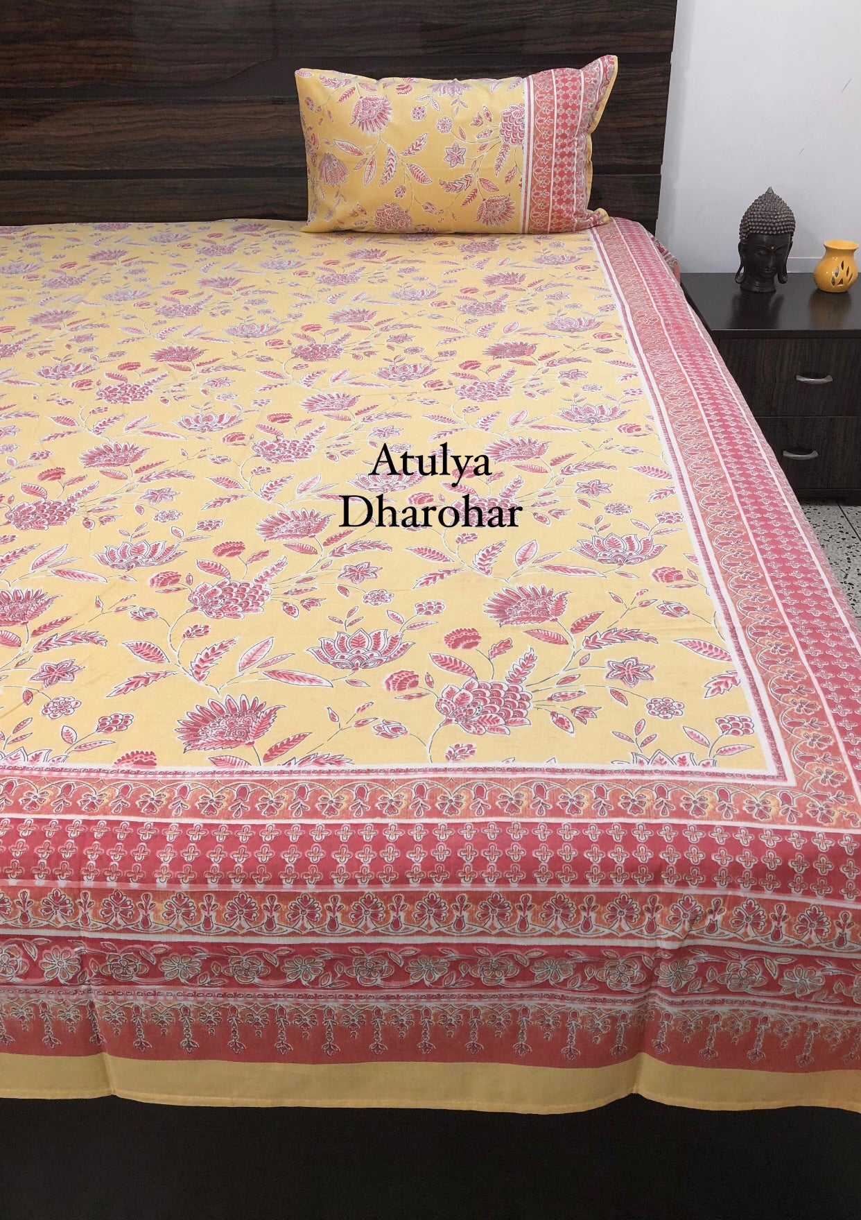 Yellow and Pink Floral Jaal Super King Bedsheet