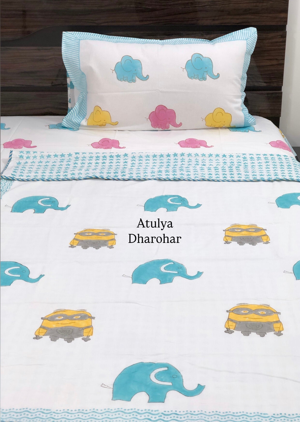 Elephant and Minion Hand Block Printed Baby Mulmul Dohar