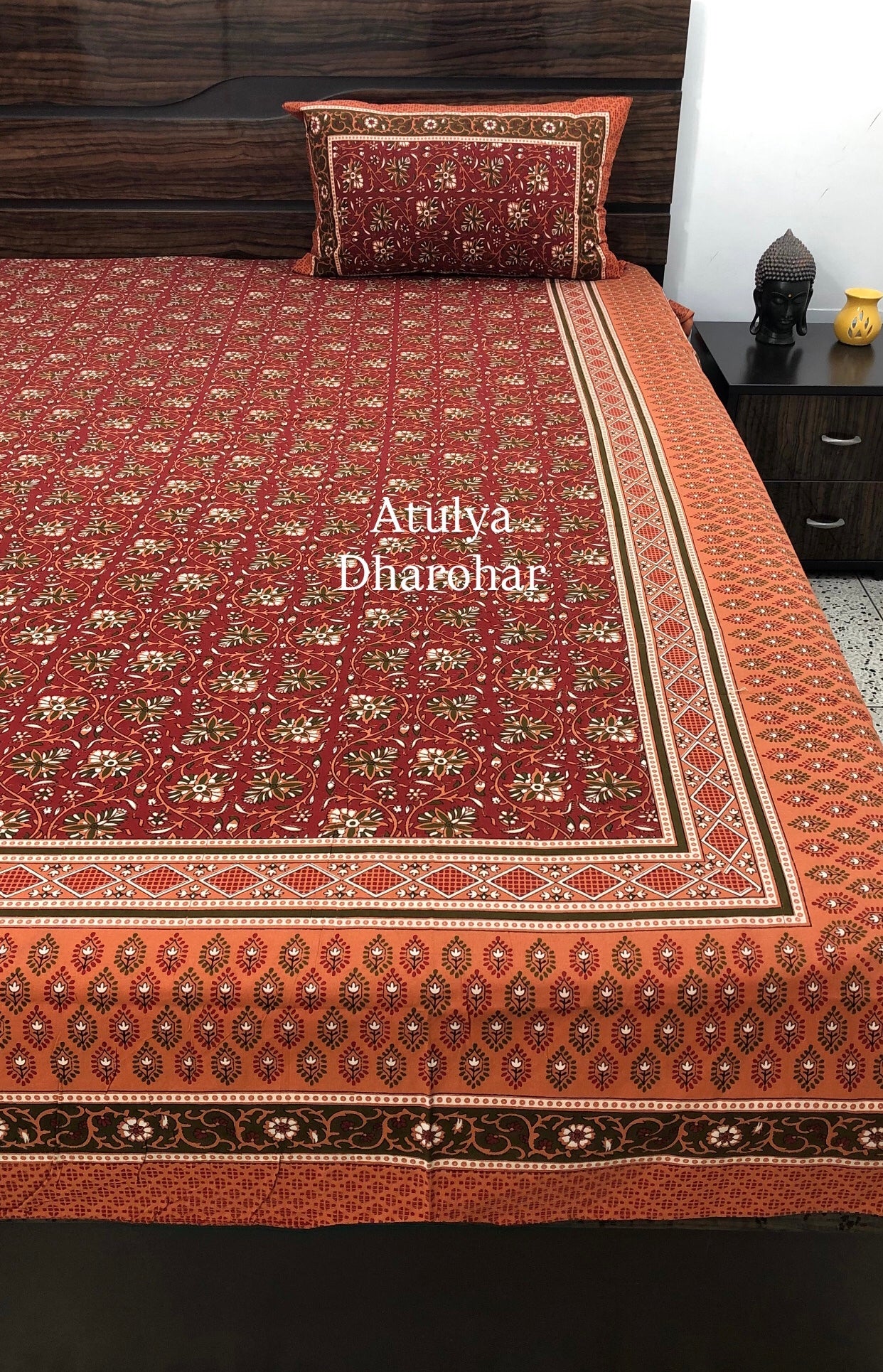 Maroon Cotton Kalamkari King Size Bedsheet