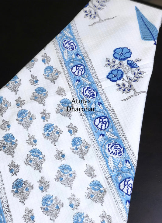 Blue and Grey Floral Motifs Hand Block Printed Waffle Cotton Towel