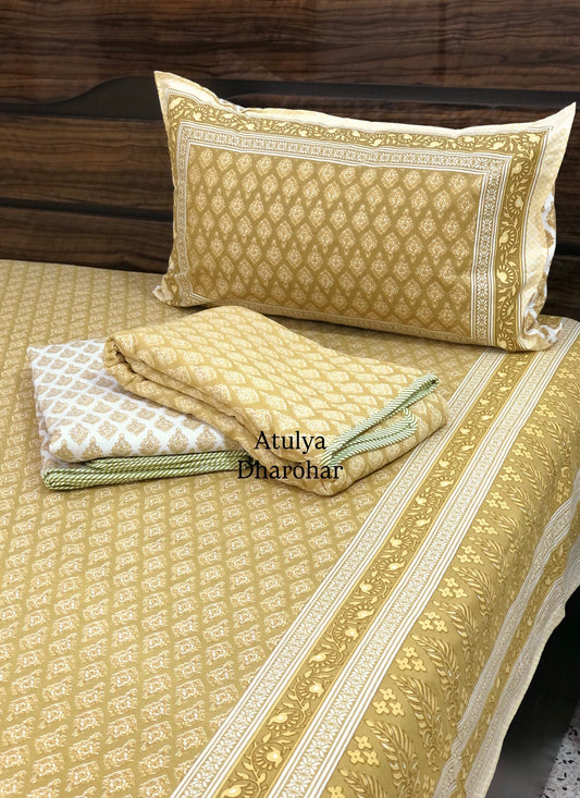 Mustard Butti Mulmul Single Dohar Pair with Super King Bedsheet Set