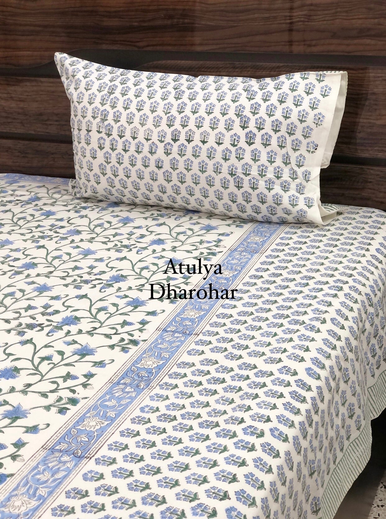 Blue Floral Jaal Hand Block Printed Super King Bedsheet