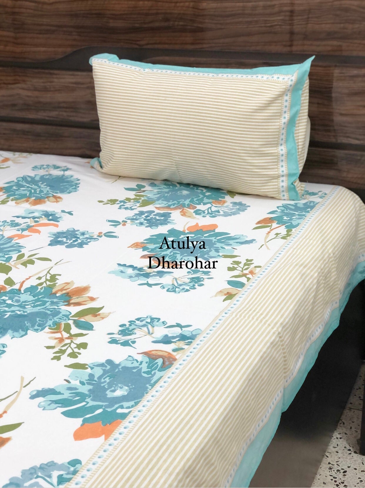 Turquoise Floral Motifs Cotton Bedsheet