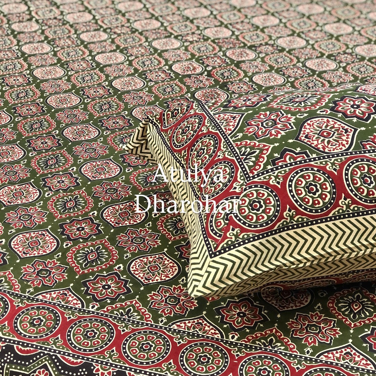 Green Ajrakh Cotton King Size Bedsheet