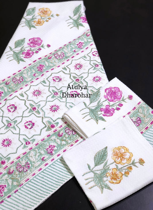 Pink and Yellow Floral Motifs Hand Block Waffle Cotton Towel Set