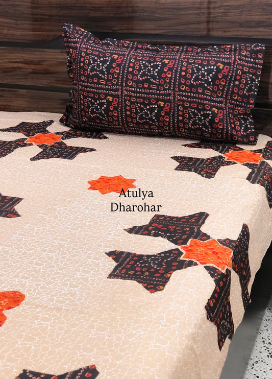 Black and Orange Bandhani Cotton Super King Bedsheet