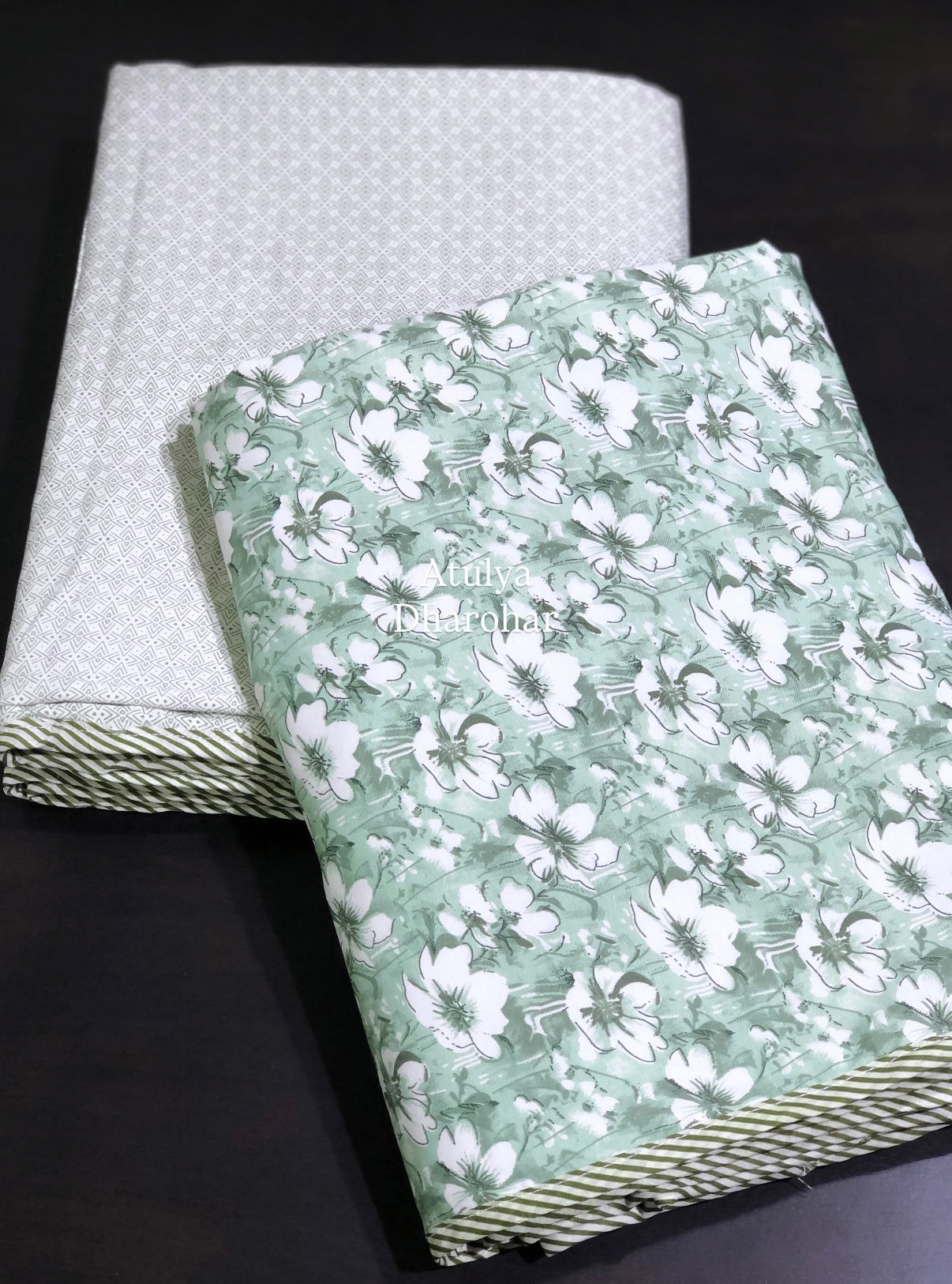 Green Floral Jaal Cambric Cotton Single Dohar Pair