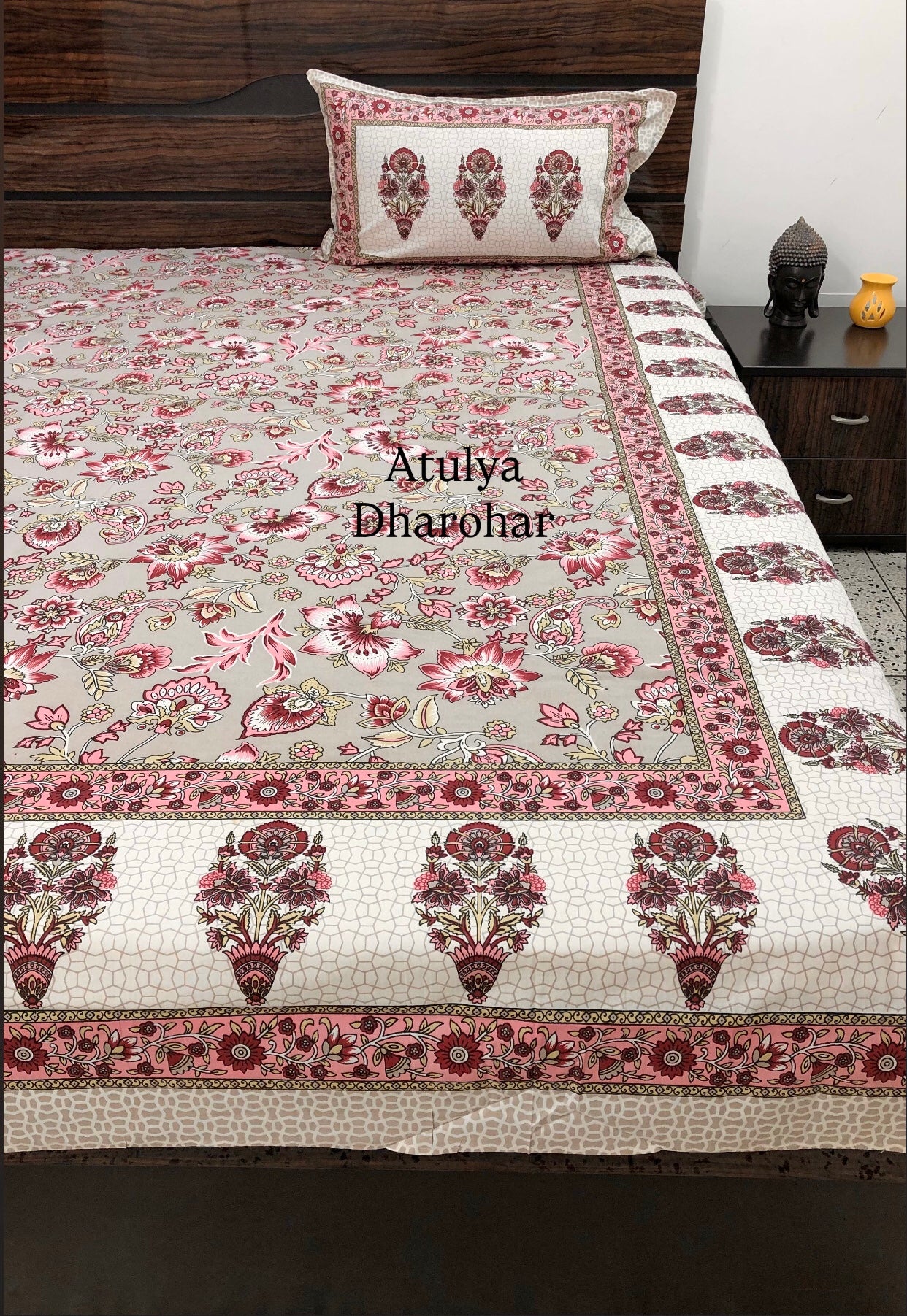 Grey and Pink Floral Jaal Cotton King Size Bedsheet
