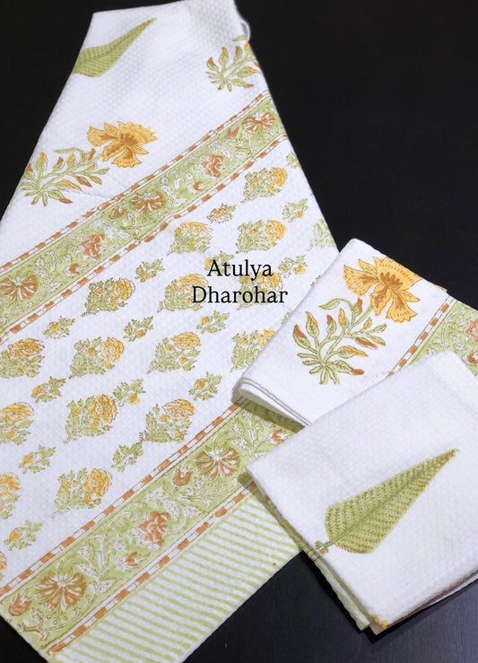 Yellow and Green Floral Motifs Hand Block Waffle Cotton Towel Set