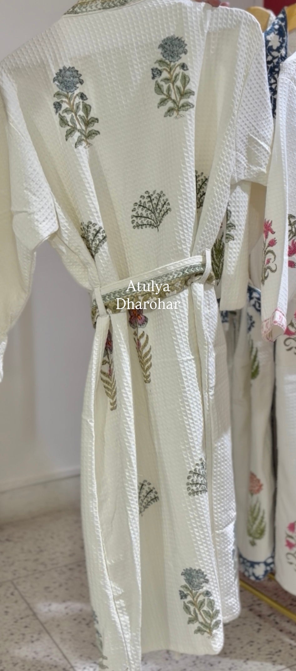 Multicolour Floral Motifs Hand Block Printed Waffle Cotton Bathrobe