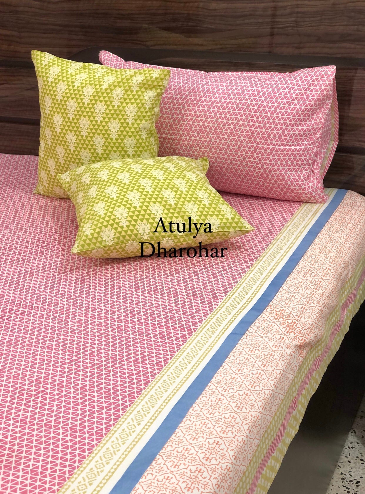 Pink Geometric with Mughal Jaal Bedsheet