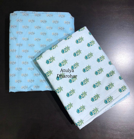 Blue and Green Floral Cambric Cotton Single Dohar Pair