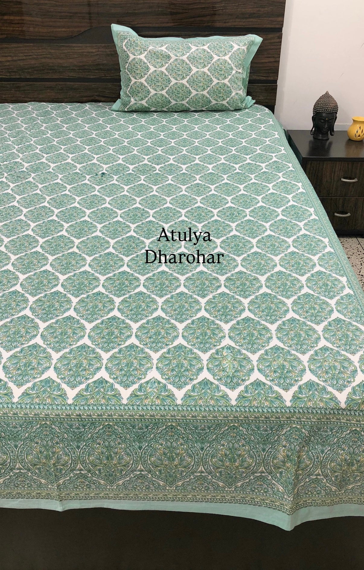 Turquoise Green Floral Motifs Cotton Super King Bedsheet