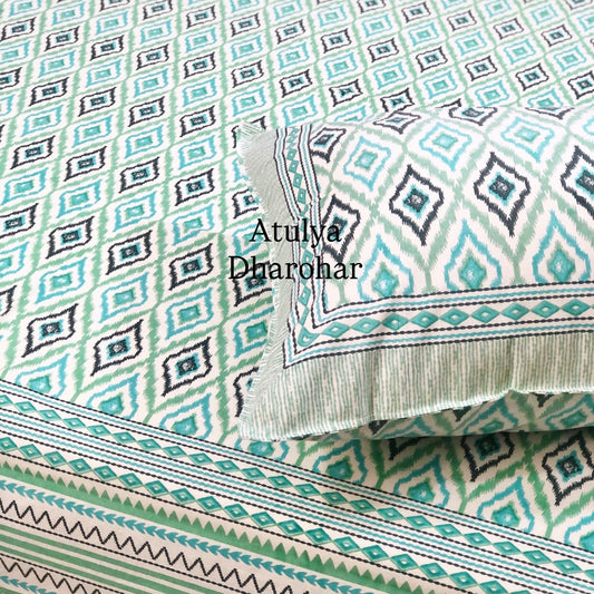 Turquoise and Green Ikat Cotton King Size Bedsheet