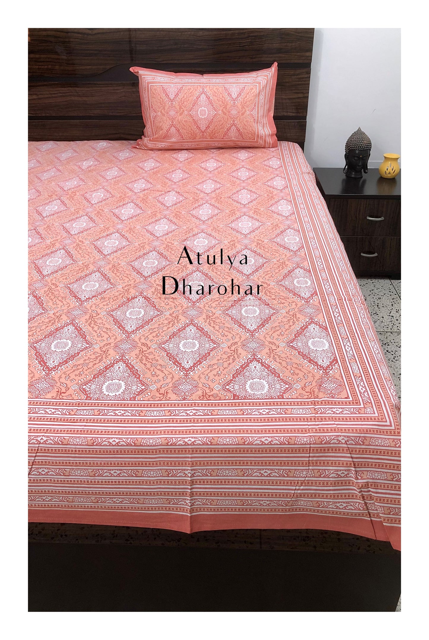 Peach Mughal Motifs Bedsheet