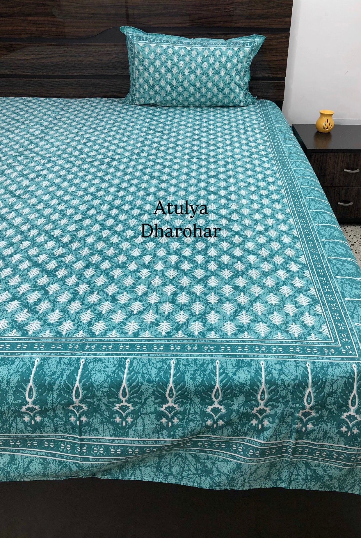 Turquoise Floral Motifs Cotton Super King Bedsheet