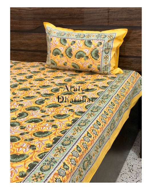 Yellow and Green Lotus Motifs Bedsheet