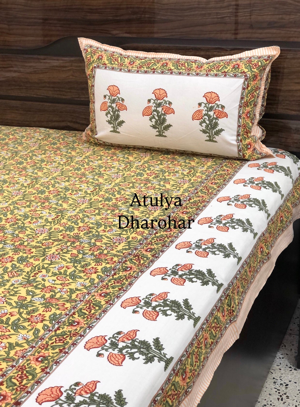 Yellow Floral Jaal Cotton King Size Bedsheet