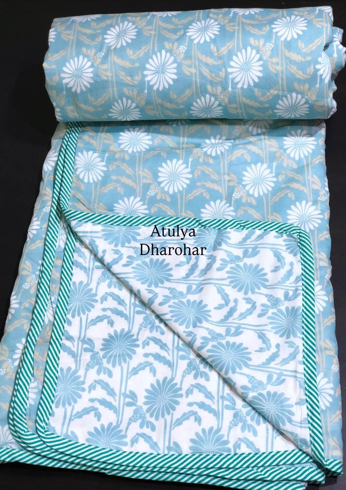 Turquoise Floral Jaal Mulmul Double Bed Dohar