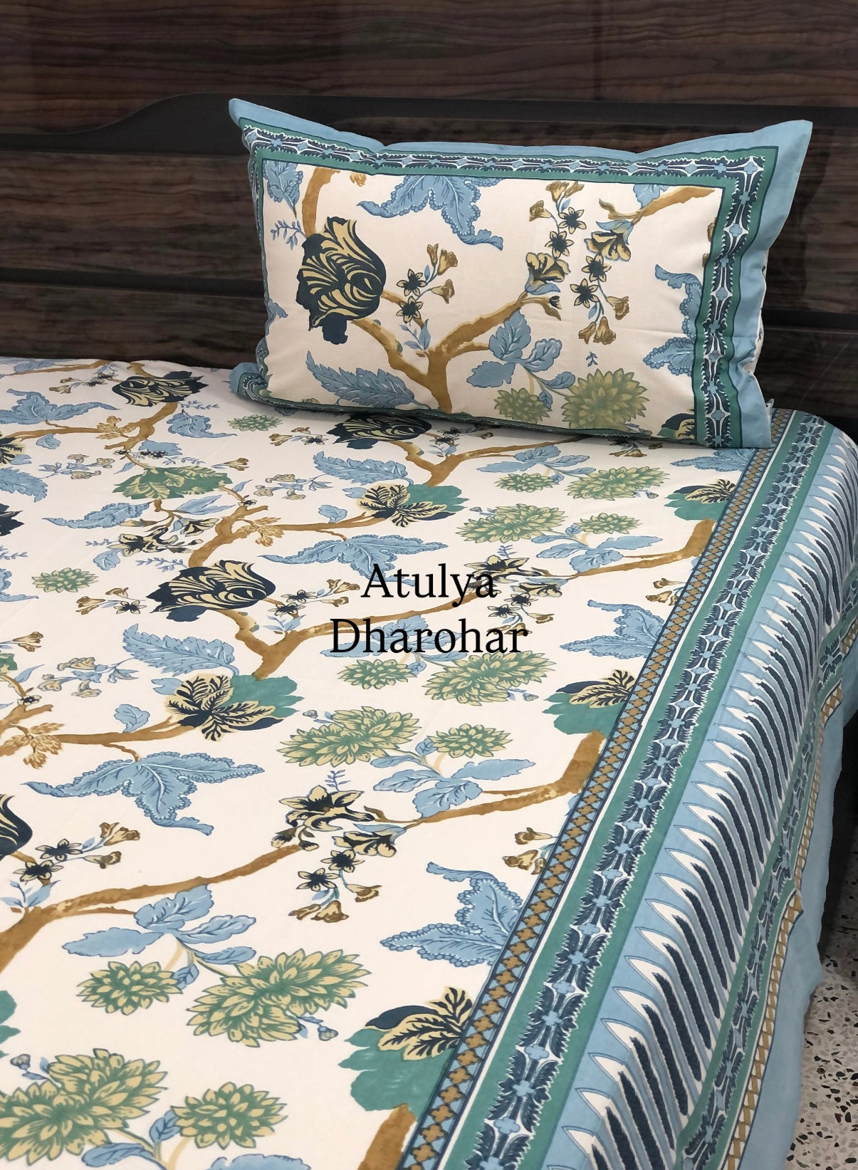 Blue and Green Floral Jaal Cotton Super King Bedsheet