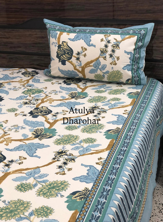 Blue and Green Floral Jaal Cotton Super King Bedsheet