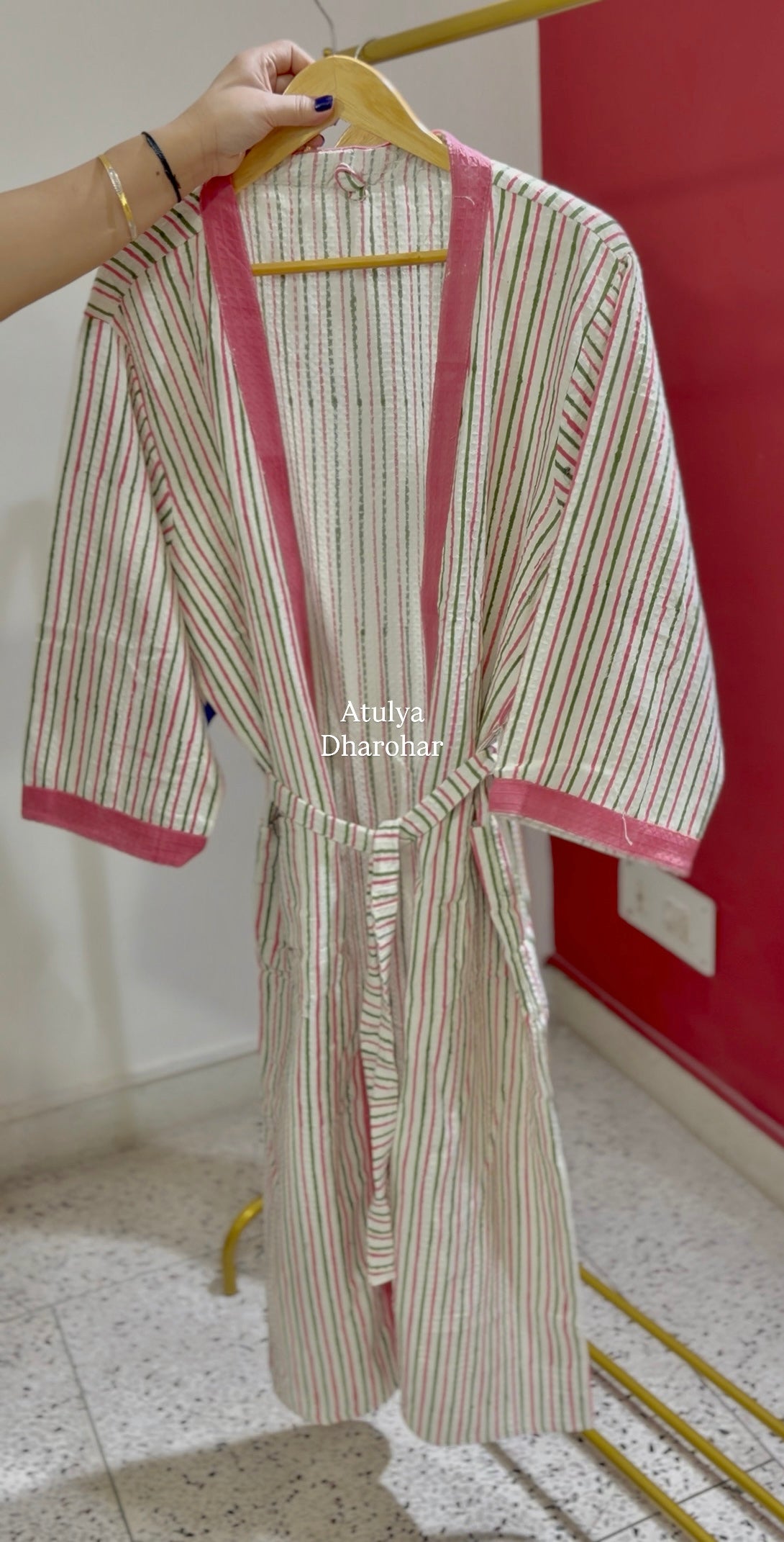 Pink and Green Strips Hand Block Printed Waffle Cotton Bathrobe