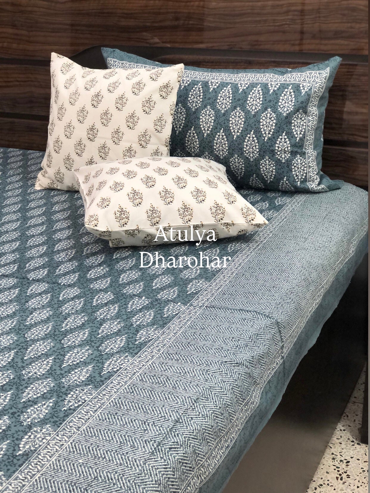 Bluish Grey Butti Cotton King Size Bedsheet
