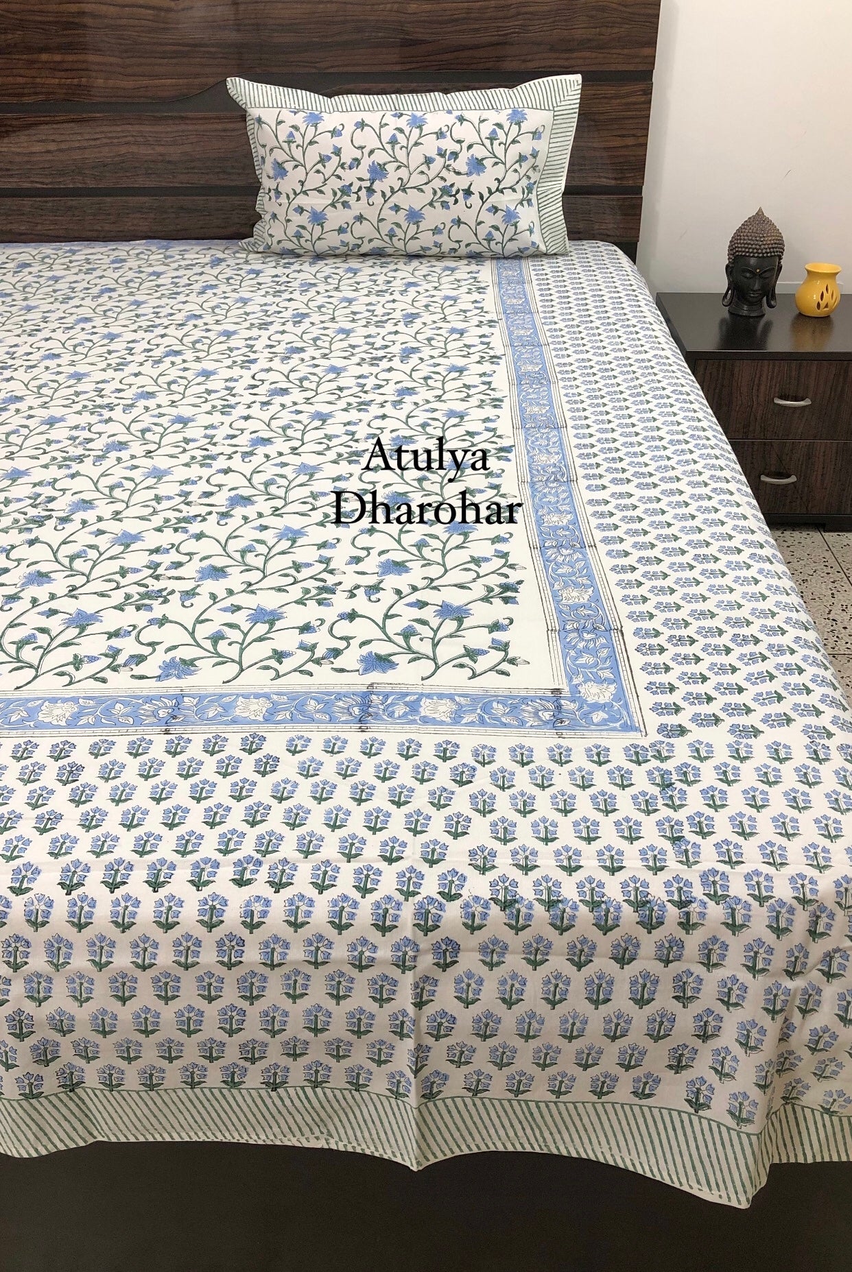 Blue Floral Jaal Hand Block Printed Super King Bedsheet