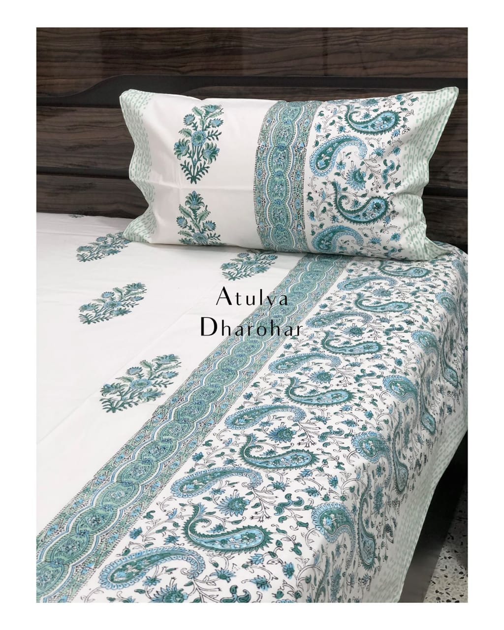 Floral and Paisley Motifs Percale Cotton Hand Block Printed Super King Bedsheet