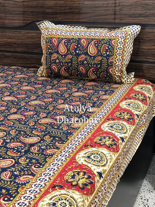 Indigo & Red Cotton Kalamkari King Size Bedsheet