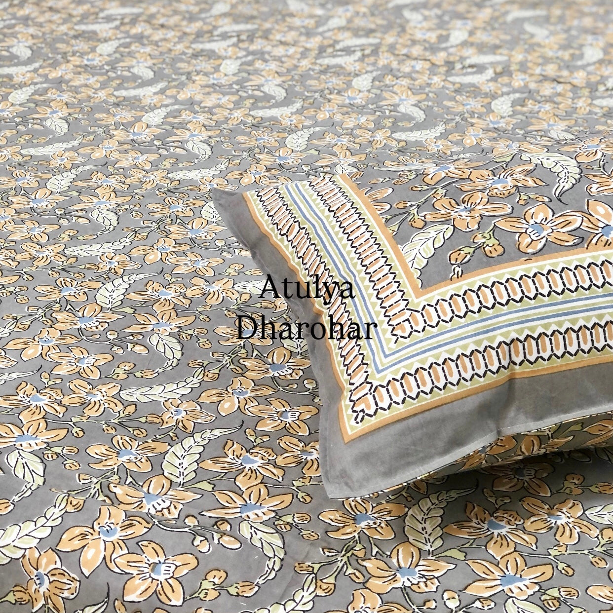 Grey Floral Jaal Cotton Super King Bedsheet
