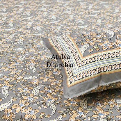Grey Floral Jaal Cotton Super King Bedsheet