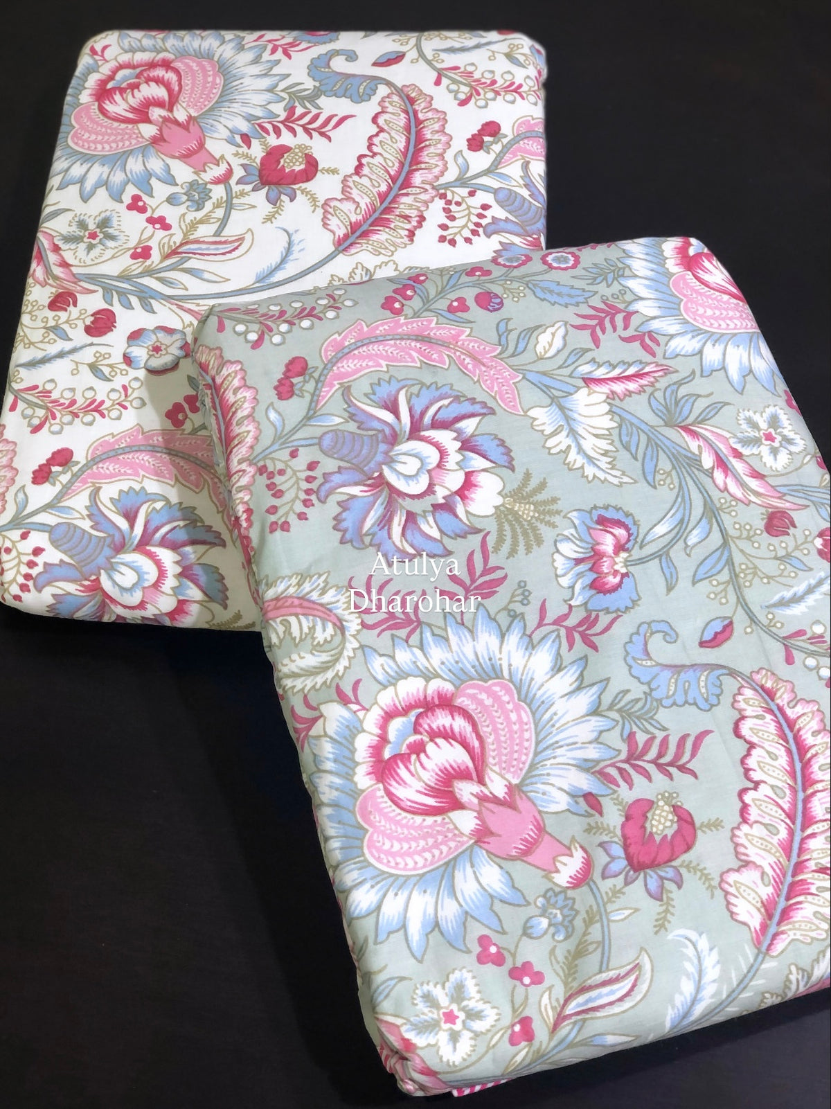 Pink and Blue Floral Jaal Mulmul Single Dohar Pair