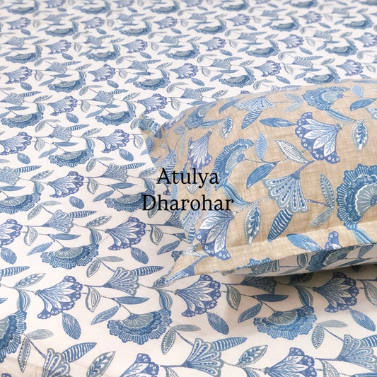 Blue Floral Jaal Cotton King Size Bedsheet