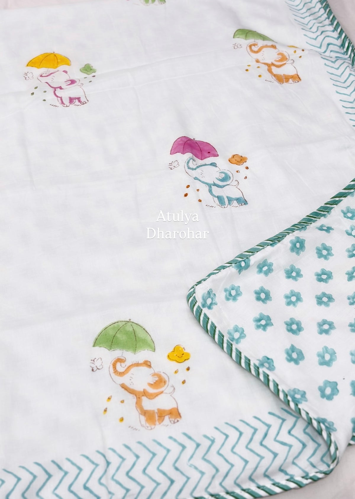 Multicolour Elephants Hand Block Printed Mulmul Baby Dohar