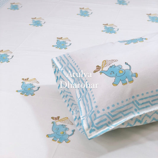 Elephant with Butterfly Kids Hand Block Printed Single Bedsheet