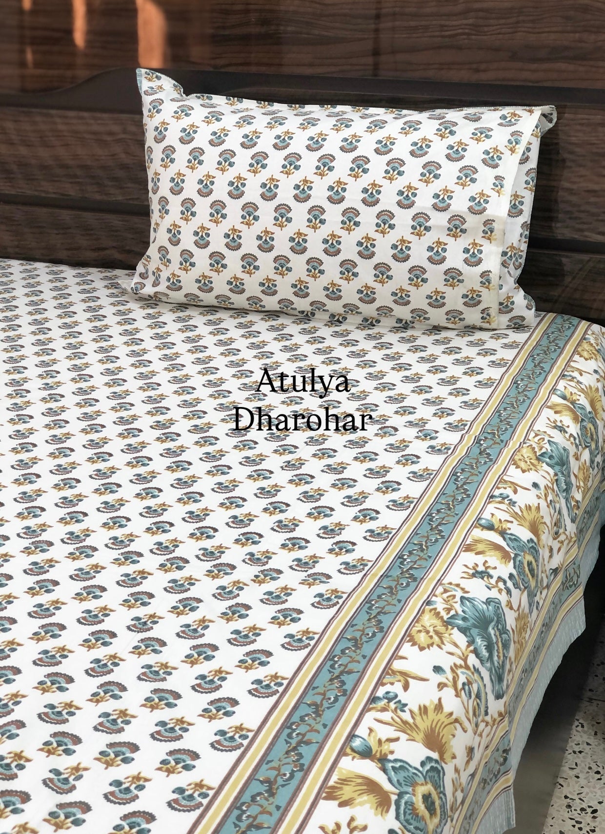 Turquoise and Yellow Floral Jaal Super King Cotton Bedsheet