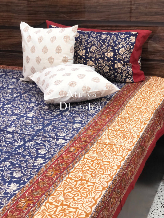 Indigo Kalamkari Cotton Bedsheet