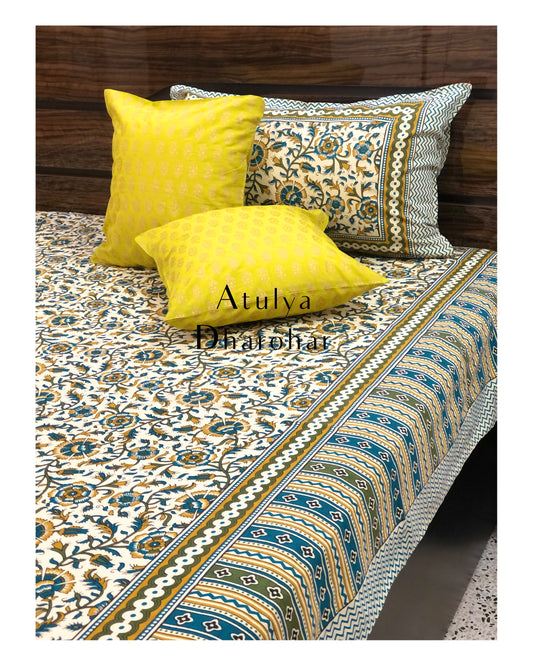 Green and Teal Floral Jaal Bedsheet