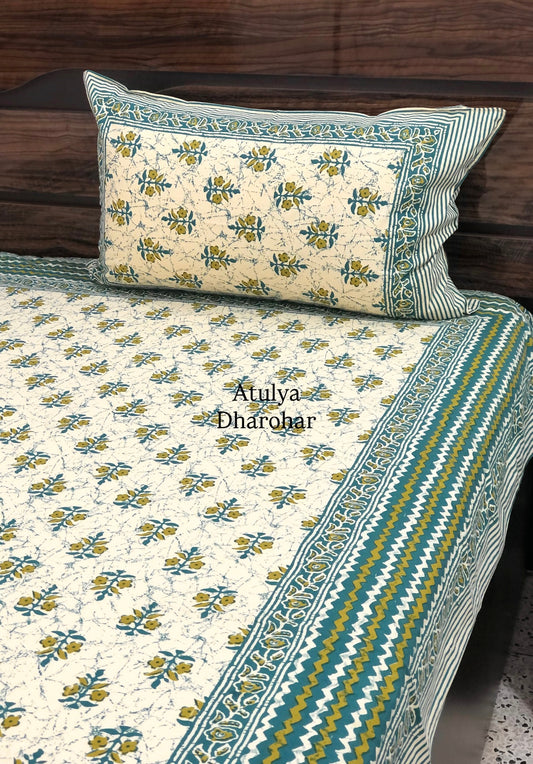 Turquoise and Green Floral Motifs Cotton Single Bed Bedsheet