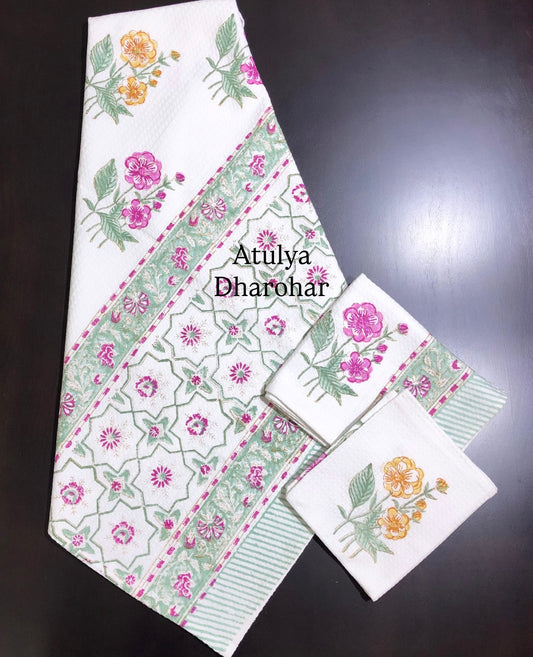 Pink and Yellow Floral Motifs Hand Block Waffle Cotton Towel Set