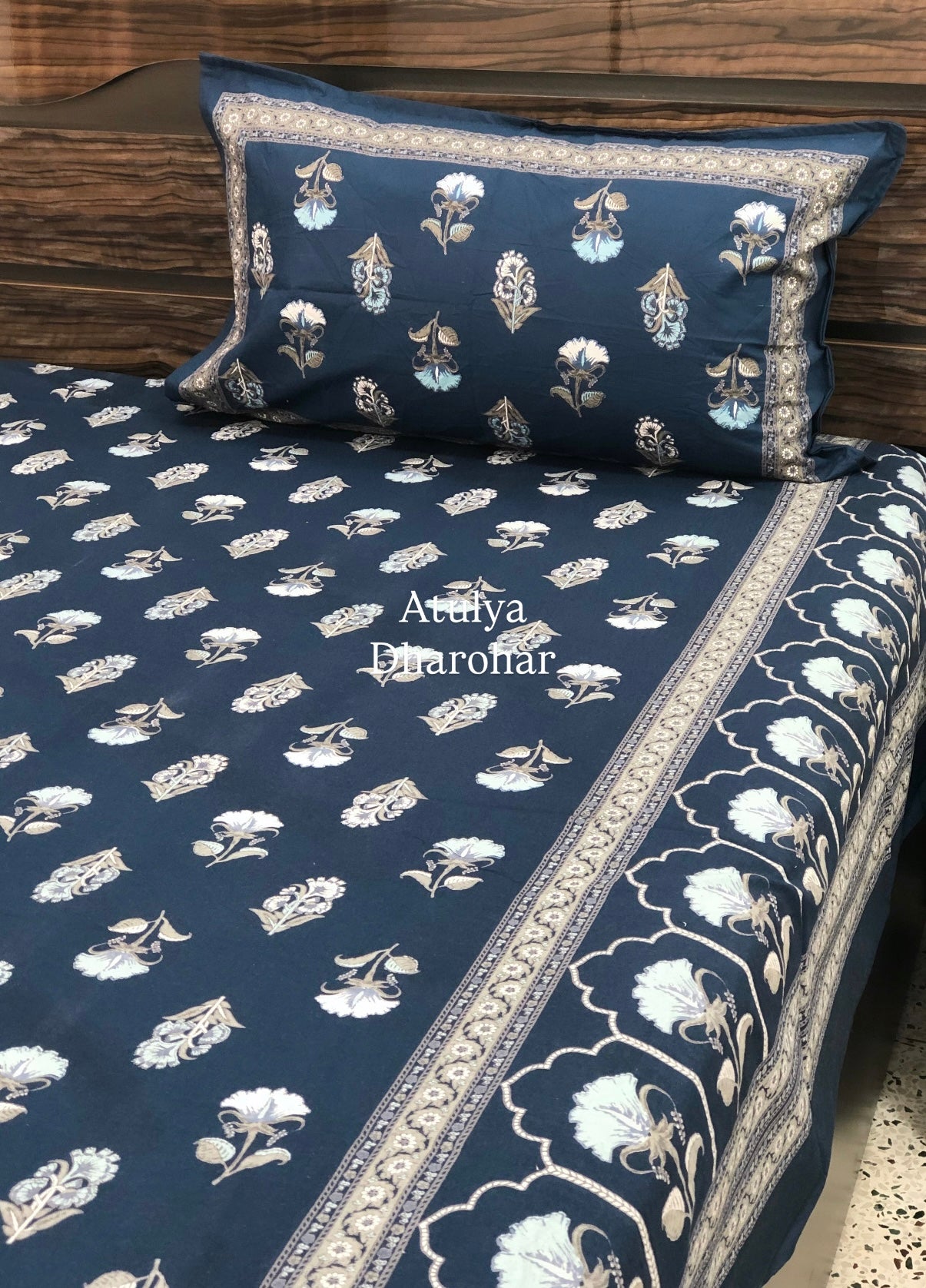Blue Floral Motifs Cotton Super King Bedsheet