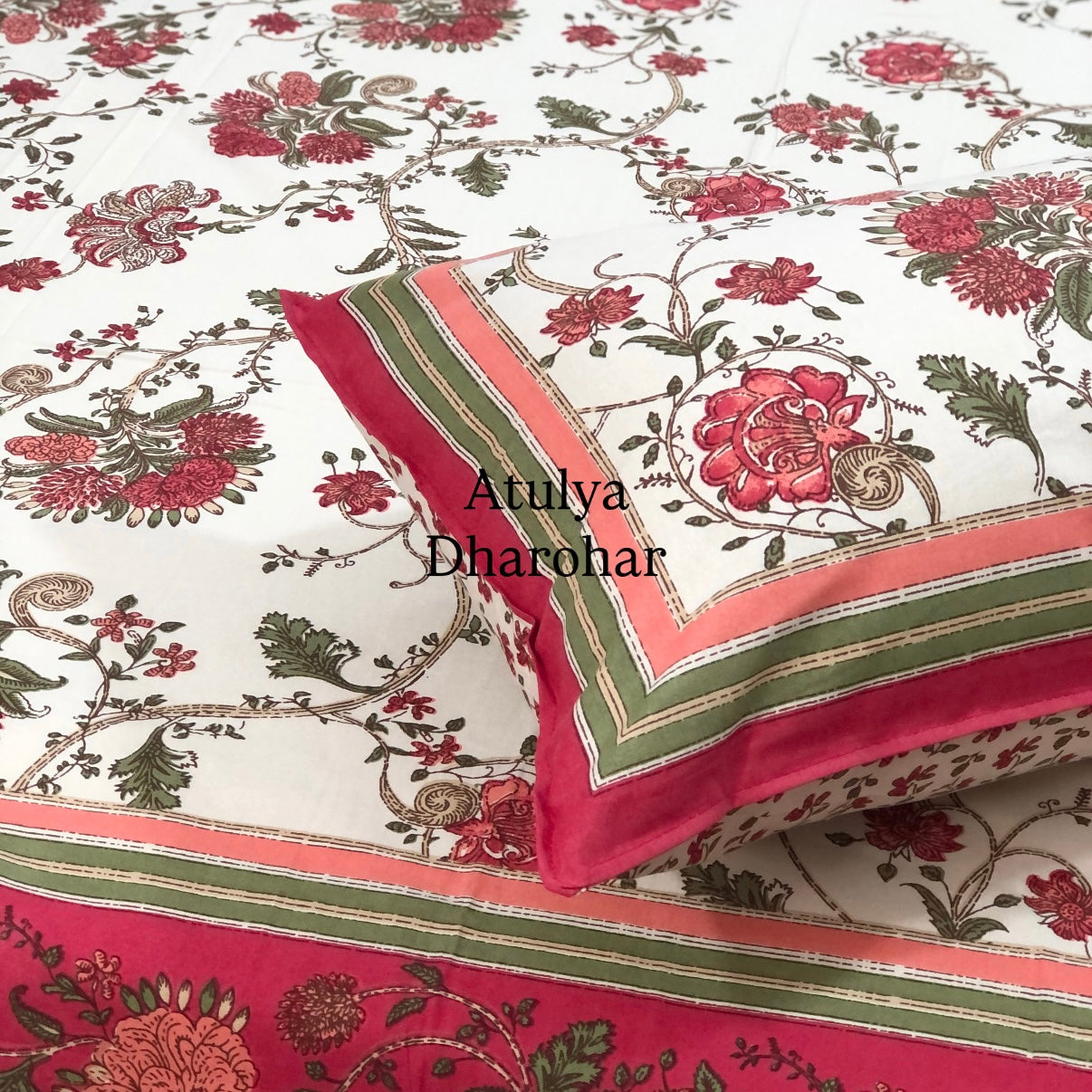 Pink and Green Floral Jaal Cotton Super King Bedsheet