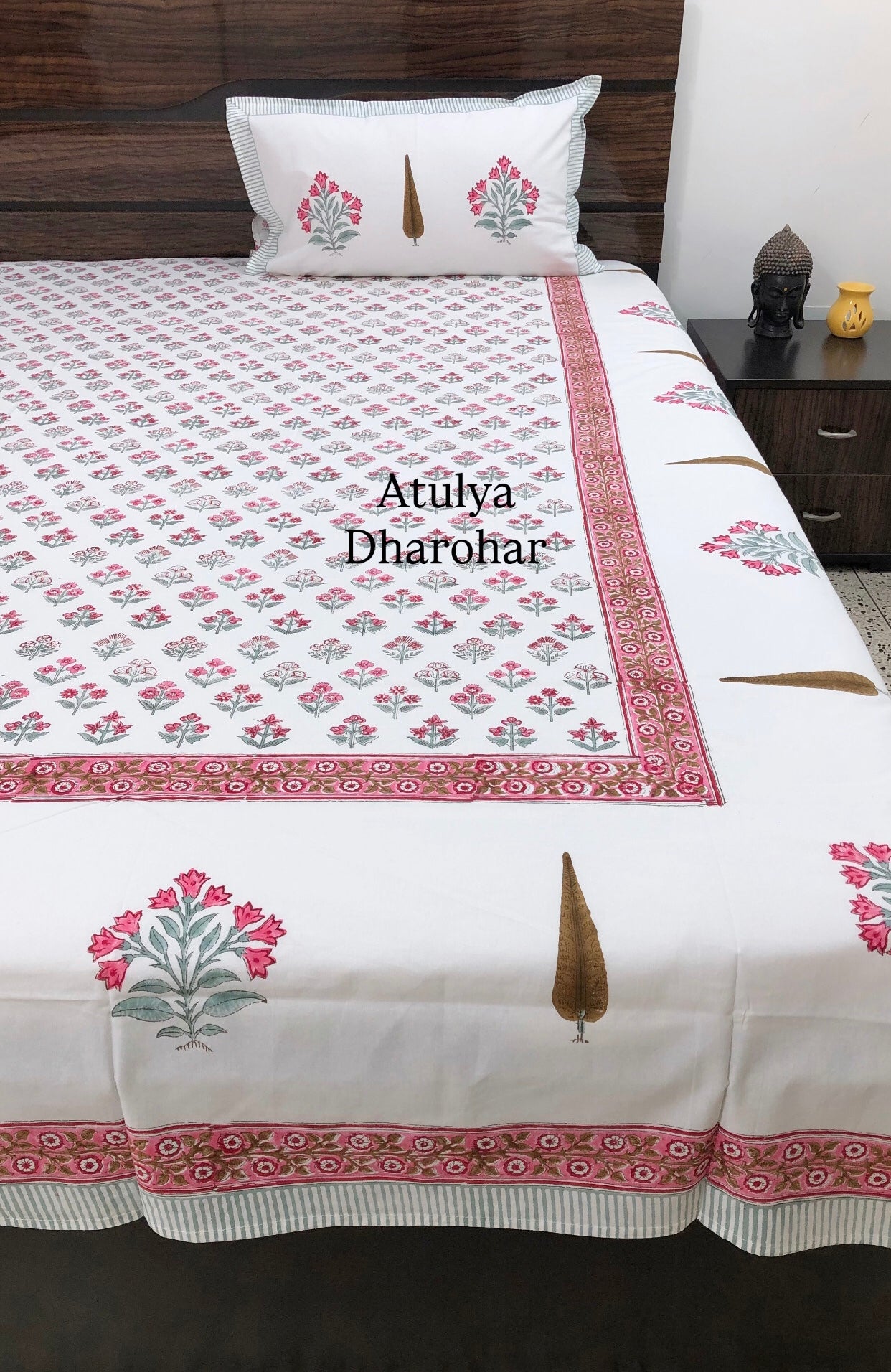 Pink Floral Motifs Hand Block Super King Cotton Bedsheet