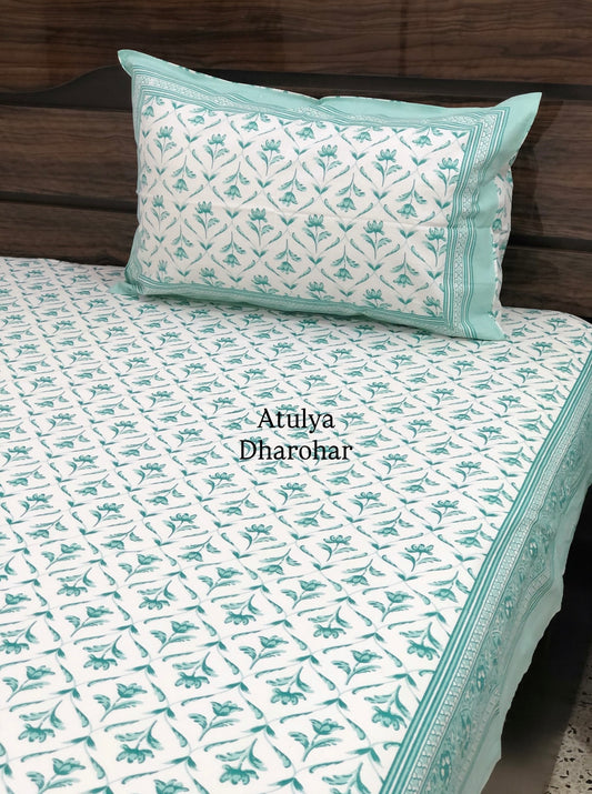 Turquoise Floral Mughal Jaal Cotton King Size Bedsheet