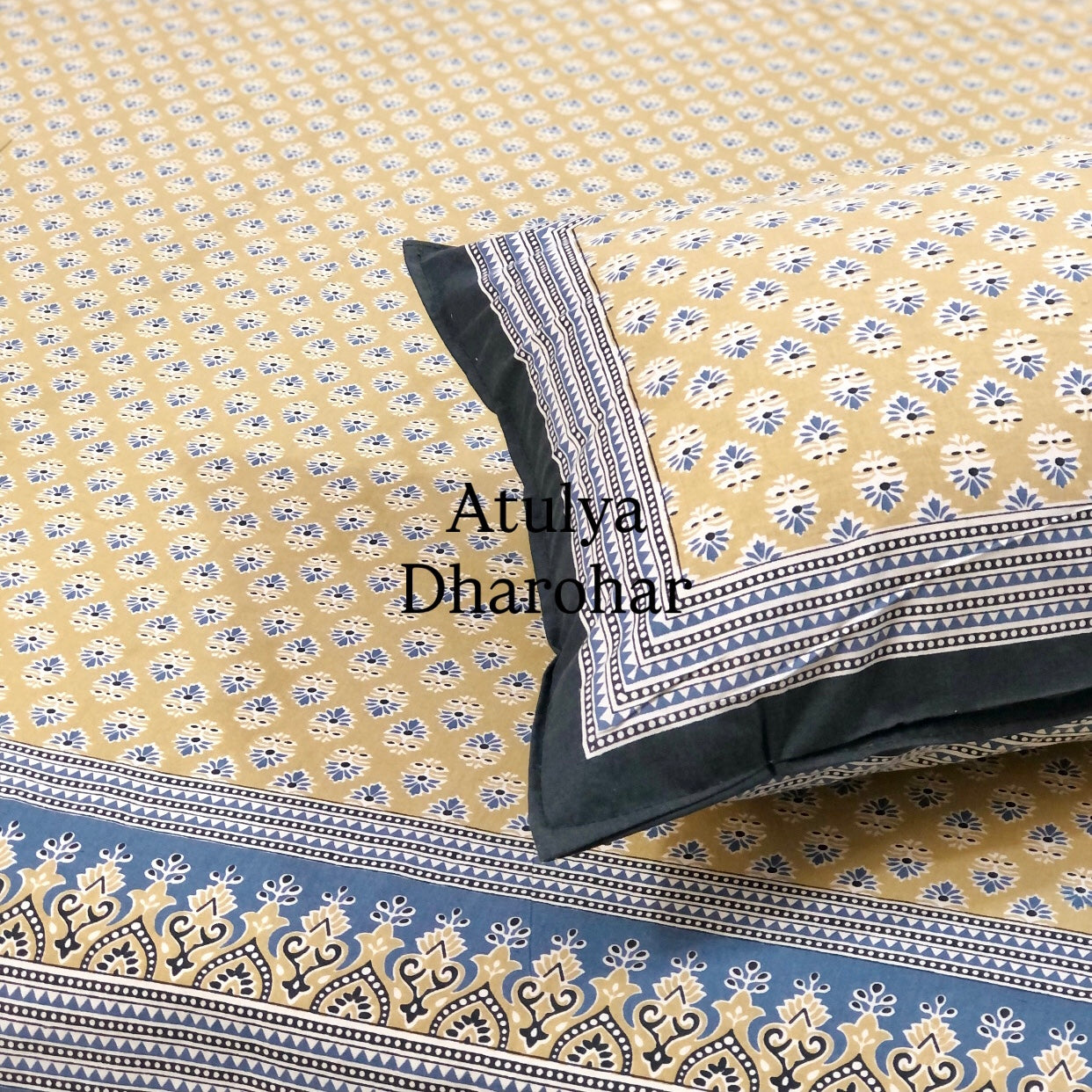 Yellow and Blue Butti Cotton King Size Bedsheet
